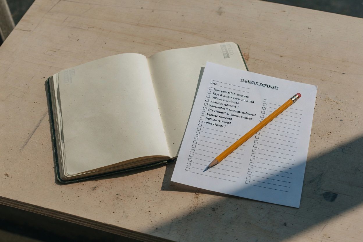 Editorial photograph of a field notebook and closeout checklist on a jobsite table. Not Echelon client work.